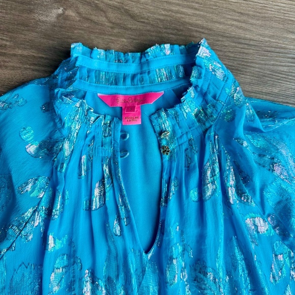 Lilly Pulitzer Galiana Ocean Breeze Multi Flora Metallic Clip Silk Blouse Size S - Picture 3 of 14